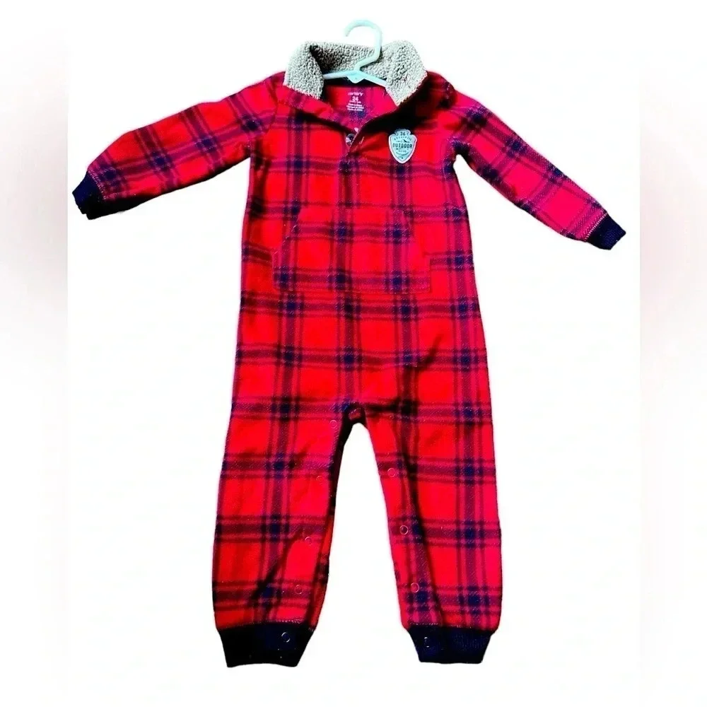 Carters Red and Black Plaid Bodysuit Warm Pajamas Size 24 Months